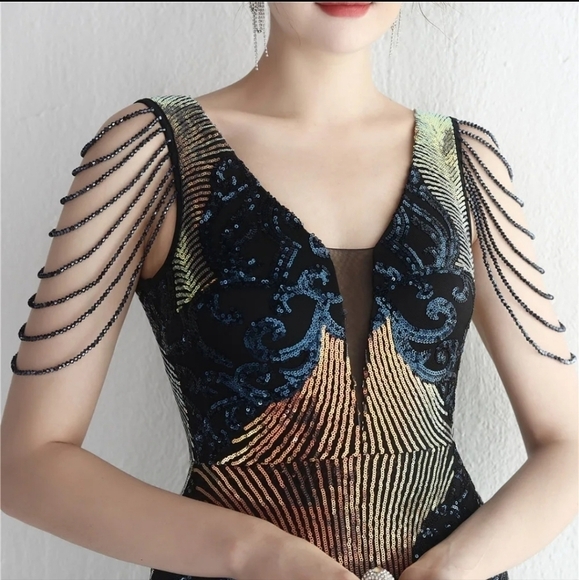 Navy, Floral, Beaded,  V Neck, Round Back,  Sleeveless,  Sequined Mermaid Gown - Picture 8 of 16